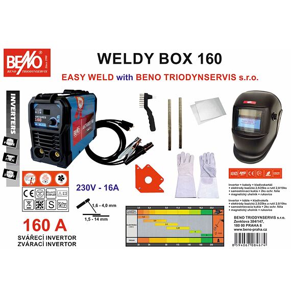 BENO WELDY BOX 160, svářecí invertor 160A, kukla, rukavice, magnet, elektrody 35ks