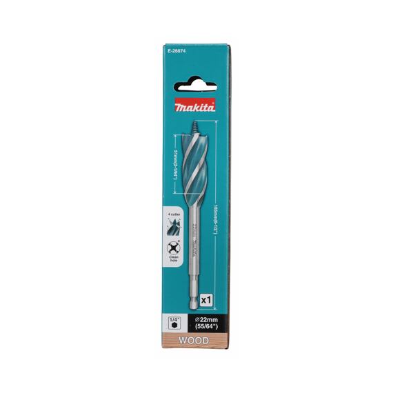 MAKITA E-26674 vrták do dřeva 22*165mm, čtyřbřitý, stopka šestihran 1/4" i pro rázové utahováky