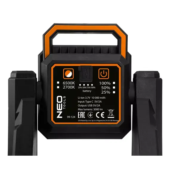NEO aku reflektor teleskopický LED COB 3000lm, 10Ah USB C, 6500K/2700K, Powerbanka, 99-124