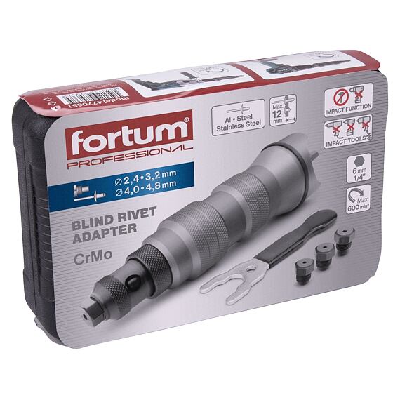 FORTUM adaptér nýtovací na vrtačku pro trhací nýty 2,4 - 4,8mm, 600 ot./min 4770651