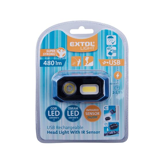 EXTOL Light čelovka LED+COB se senzorem pro zapínání, 480lm, 3,7V/1,4Ah 43183
