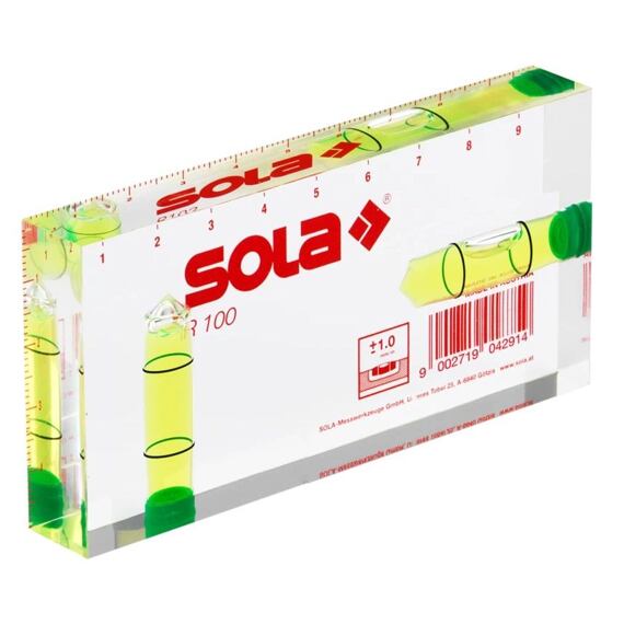 SOLA R100 vodováha vrecková, akrylové nerozbitné sklo, CNC frézované libely, 100/50/15mm