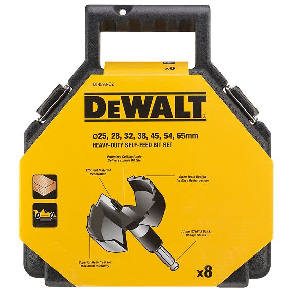 DeWalt DT4593 sada Forstnerových vrtáků 8-dílná, (25,28,32,38,45,54,65mm), prodlužovací kus 140mm