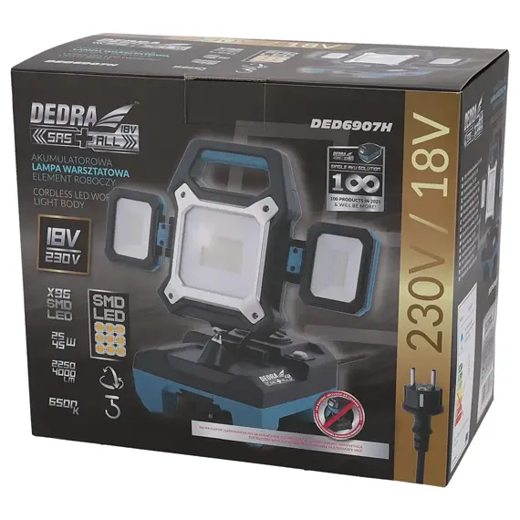 DEDRA aku svítilna LED 18V/230V, 96 diod, 2500lm/4000lm, IP54, SAS+ALL, DED6907H