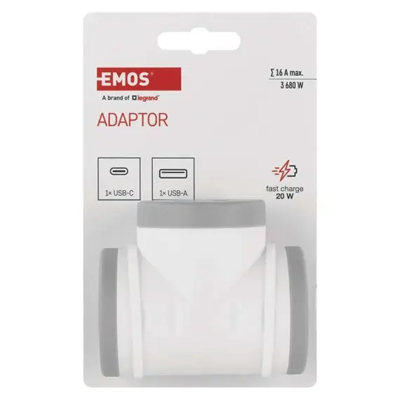 EMOS zásuvka rozbočovací 2*, 1*USB-A+1*USB-C, P0076PD