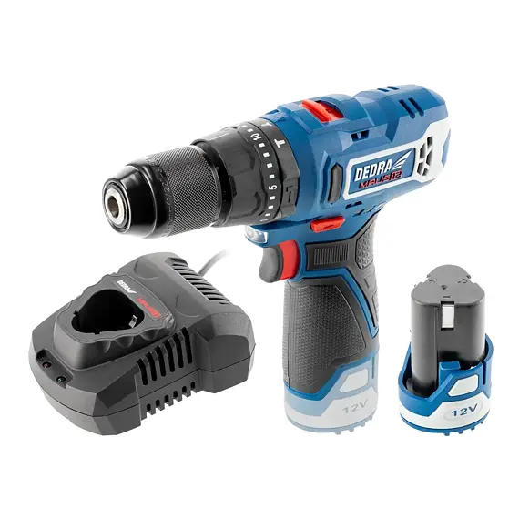 DEDRA aku příklepová vrtačka 12V/2Ah, 32Nm, 0-400/1300 ot./min., nabíječka DED7302, DED7310T06