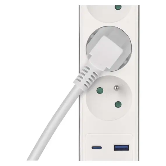 EMOS prodlužovací kabel 2m, 3 zásuvky s vypínačem, bílo-šedý, 1*USB-A, 1*USB-C, 1,5 mm2, P1312FC
