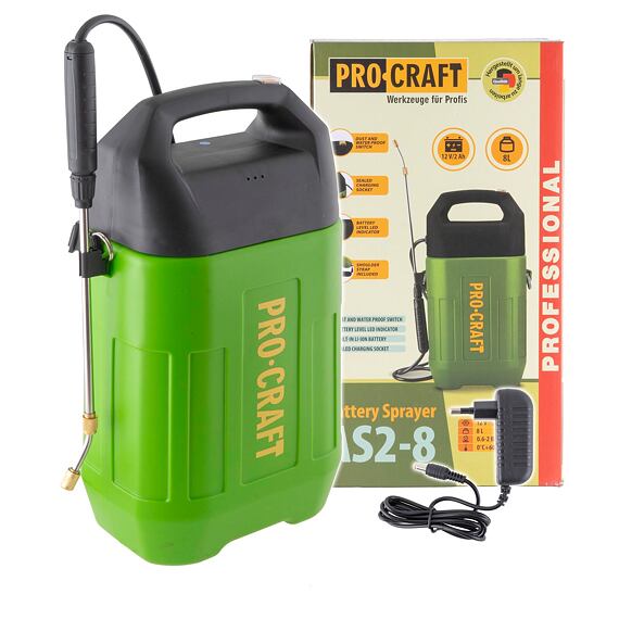 PROCRAFT AS2-8 aku postřikovač 8l, 12V/2Ah, průtok max.0,5l/min., příslušenství