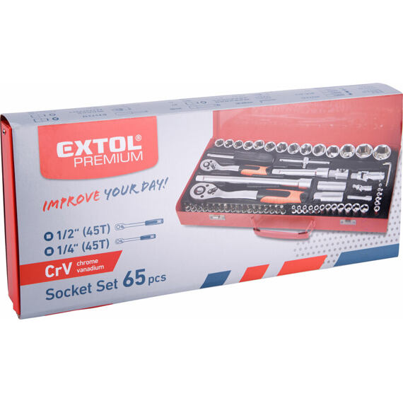 EXTOL PREMIUM gola sada 1/4"+1/2", 65-dílná, kovový kufr, 8818370