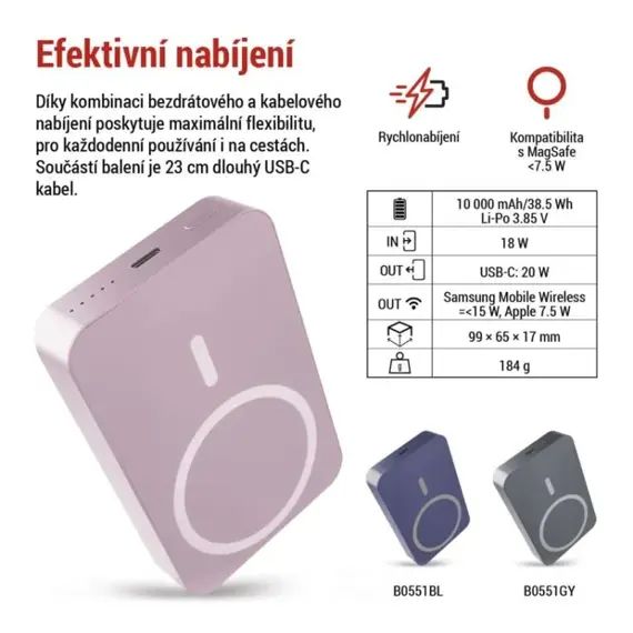 EMOS B0551S Powerbanka EMOS WI 1046, 10 000 mAh, 20 W+Wireless, lososová