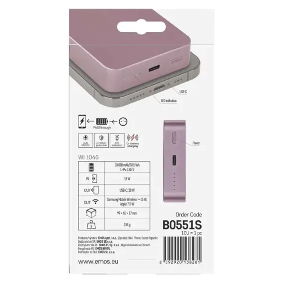 EMOS B0551S Powerbanka EMOS WI 1046, 10 000 mAh, 20 W+Wireless, lososová
