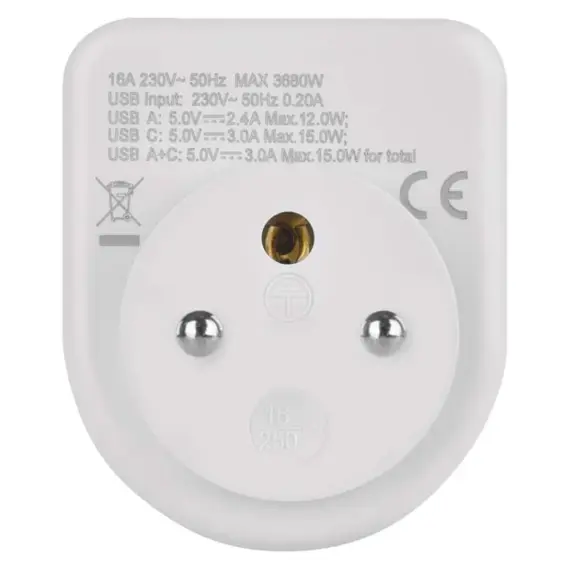EMOS zásuvka rozbočovací 1*, 1*USB-A+1*USB-C, P0074