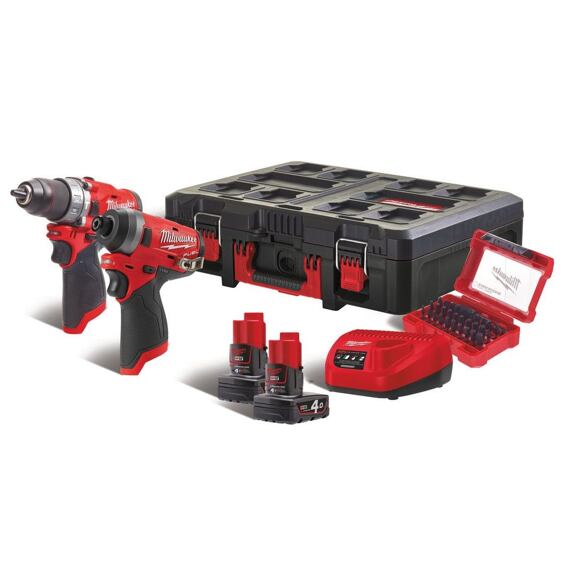 MILWAUKEE M12 FPP2A-402P aku set vrtačka FPD + utahovák FID + sada bitů, 12V/2*4Ah, PACKOUT 3