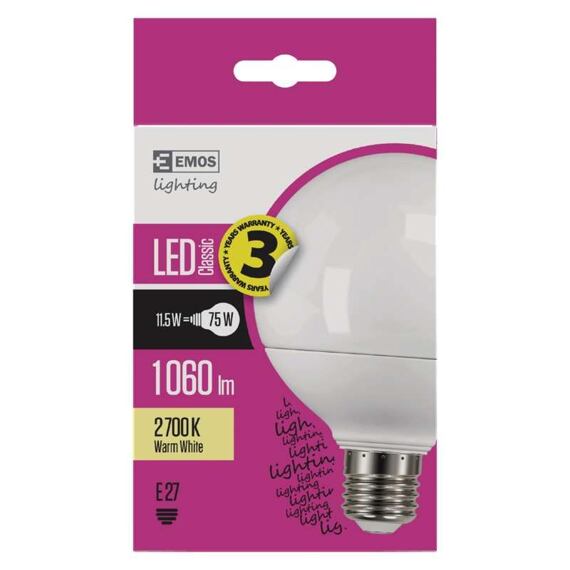 EMOS LED žárovka CLS GLOBE 11,5W E27 teplá bílá 1060lm ZQ2150