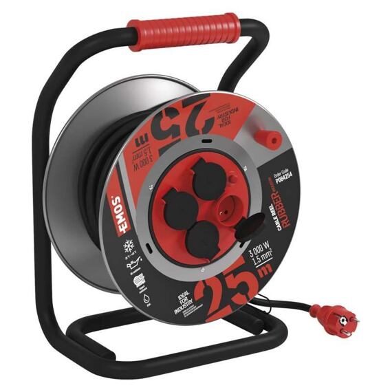 EMOS kabel 230V prodlužovací 25m/4Z guma-neopren 3*1,5mm, kovový buben IP44 P084254