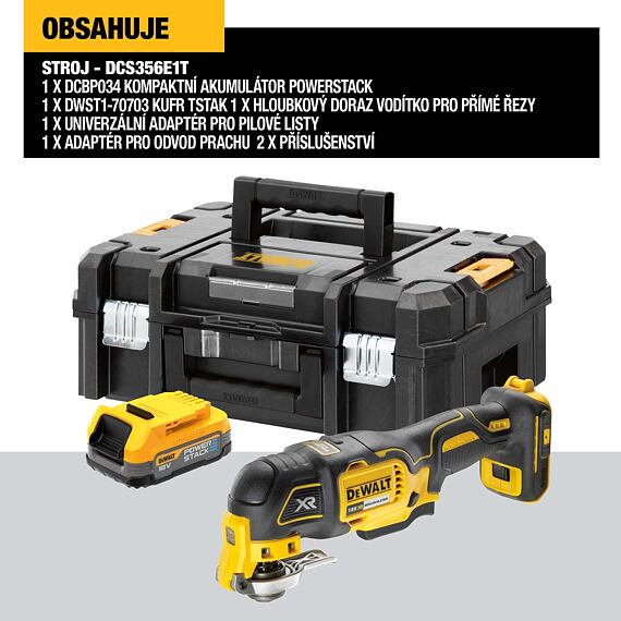 DeWalt DCS356E1T-XJ aku oscilačná brúska 18V/1*1,7Ah bez nabíjačky, príslušenstvo POWERSTACK, TSTAK