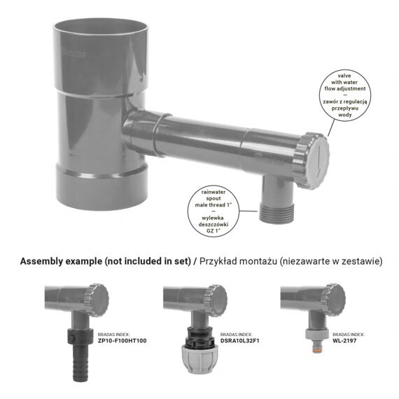 sběrač dešťové vody na okap 100mm, ventil, ABS plast, rameno 170mm IBCLZ1-100