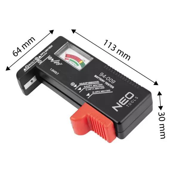 NEO tester baterií a akumulátorů 1,5V - 9V, včetně knoflíkových baterií, 94-009