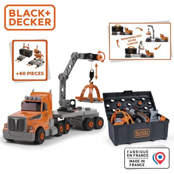 SMOBY kamion s dětským nářadím a jeřábem BLACK+DECKER, nářadí 60ks, malá vrtačka, SM360941
