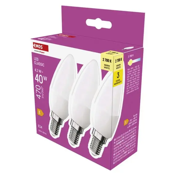 EMOS LED žárovka CLS Candle, 4,2W (40W), 470lm, 3ks balení, ZQ3E21.3