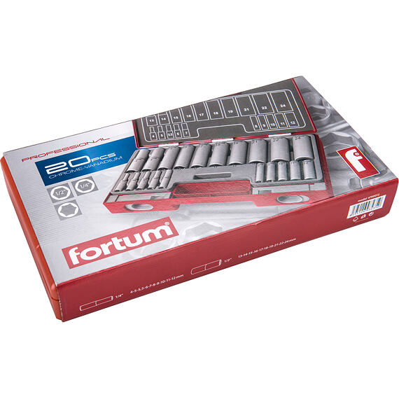 FORTUM hlavice nástrčné prodloužené 1/4"+1/2", 20-dílná sada 4-24mm, 4700012