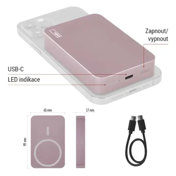 EMOS B0551S Powerbanka EMOS WI 1046, 10 000 mAh, 20 W+Wireless, lososová