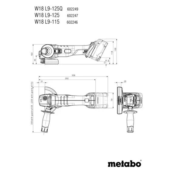 METABO W 18 L 9-125 Q aku úhlová bruska 125mm 18V/2*5,2Ah Li-Power, MetaBox165L