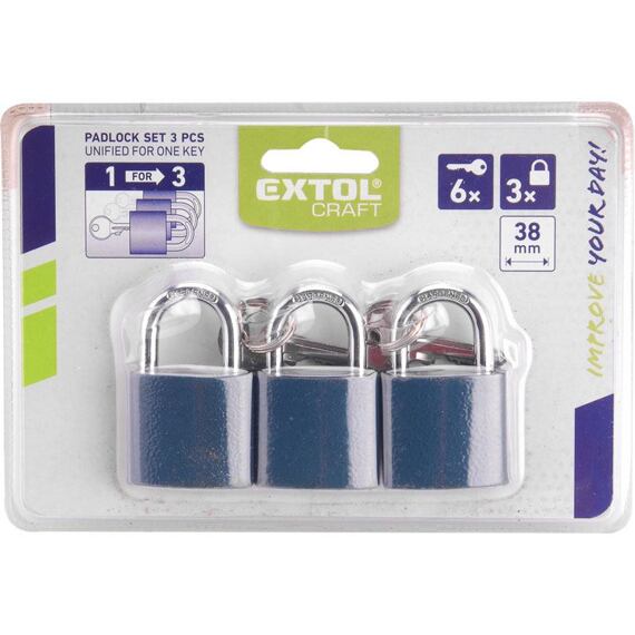 EXTOL Craft zámky visací 38mm, 3ks sjednocení na 1 klíč, 6ks klíčů, 93101