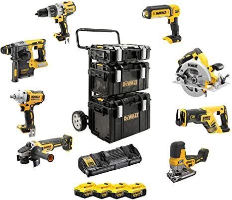 DeWalt DCK856P4 aku kombo súprava 18V, 8*stroj, 4*aku 18V/5Ah, dvojnabíjačka, vozík TOUGH system