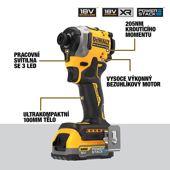 DeWalt DCF850E2T aku rázový uťahovák 18V/2*1,7Ah, 205Nm, 1/4",  POWERSTACK, TSTAK