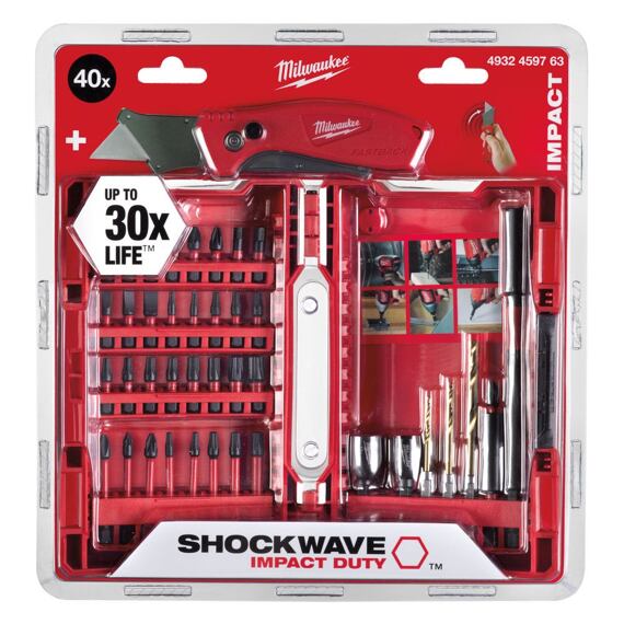 MILWAUKEE 4932459763 súprava bitov a vrtákov SHOCKWAVE + kompaktný nôž FASTBACK