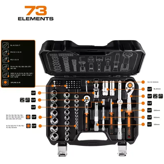 NEO TOOLS gola sada 1/2"-1,4", 73-dílná, 10-054