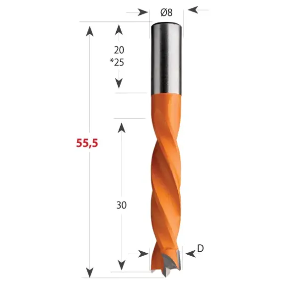 CMT 306 kolíkovací vrták neprůchozí S8 L55,5 HW - D10*30 S=8*20 L55,5 P