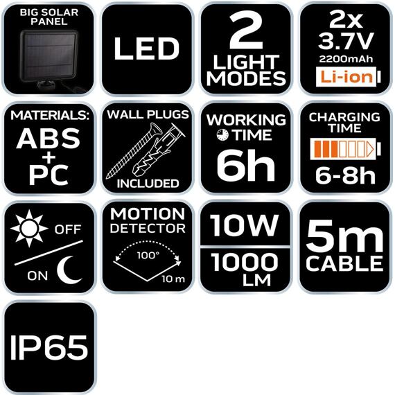 NEO reflektor TRIPLE LED 1000lm, solární aku 3,7V/2*2,2Ah, senzor pohybu, 99-089