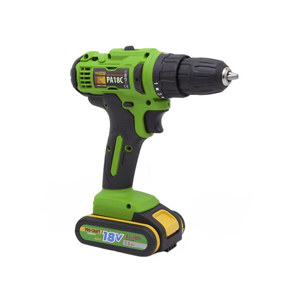 PROCRAFT PA18C aku vrtačka 18V/2*1,5Ah, 32Nm, 0-350/1200 ot./min., LED osvětlení
