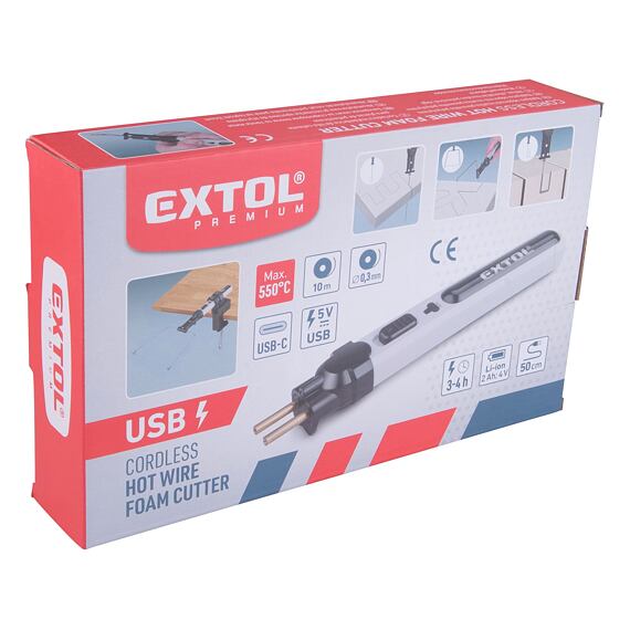 EXTOL Premium řezačka polystyrenu aku 4V/2Ah, struna + nůž, USB nabíjení, 8891504