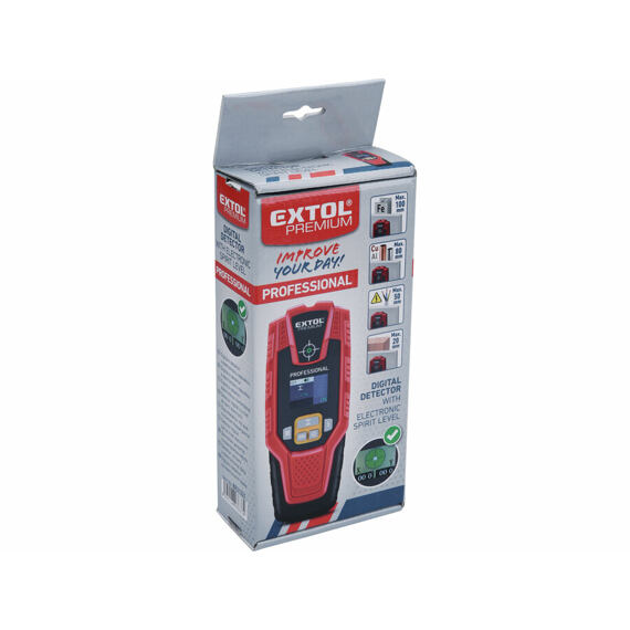 EXTOL Premium detektor materiálů digitální, Fe kovy, neželezné kovy, dřevo, ZOOM, 8831321