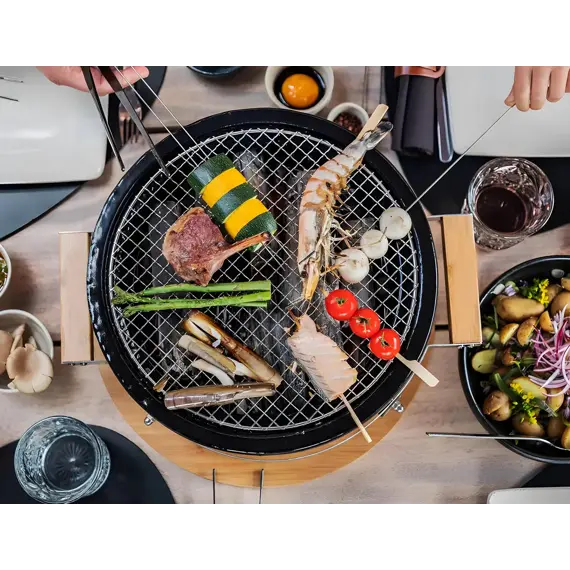 PROTECO Hibachi gril kulatý keramický na dřevěné uhlí, rošt 34,5cm, dřevěný podstavec 
