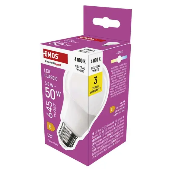 EMOS LED žárovka Classic A60, E27, 5,8W, 645lm, neutrální bílá ZQ5E33