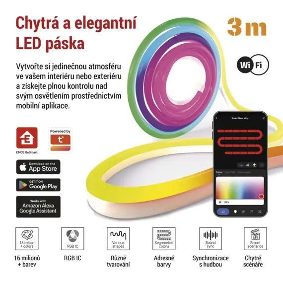 EMOS GoSmart ohebný LED pásek NEON bílý, 5 m, 33 W, RGBIC stmívatelný, WiFi, ZPW513I