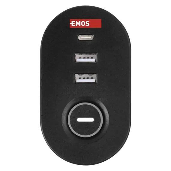 EMOS prodlužovací kabel 1,5m, 3 zásuvky, vypínač, uchycení na stůl, USB, černý, PVC, 1,5mm2 P1311PD