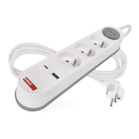 EMOS prodlužovací kabel 2m, 3 zásuvky s vypínačem, bílo-šedý, 1*USB-A, 1*USB-C, 1,5 mm2, P1312FC