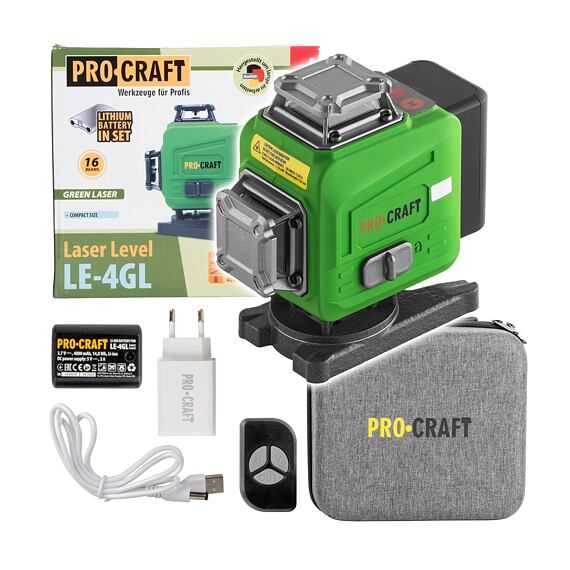 PROCRAFT LE-4GL laser křížový, ZELENÝ, samonivelační, linka 1cm nad zemí, aku 3,7V/4Ah