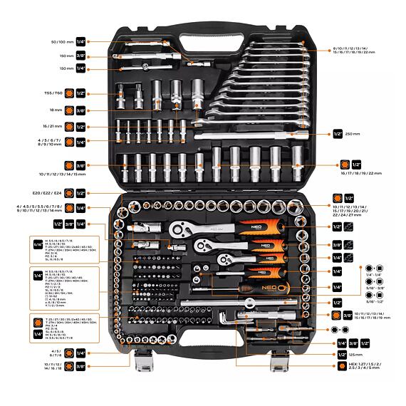 NEO gola sada 1/2"+3/8"+1/4", 220-ti dílná, OP klíče, 10-220