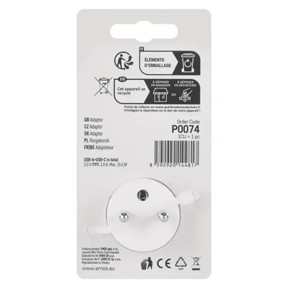 EMOS zásuvka rozbočovací 1*, 1*USB-A+1*USB-C, P0074