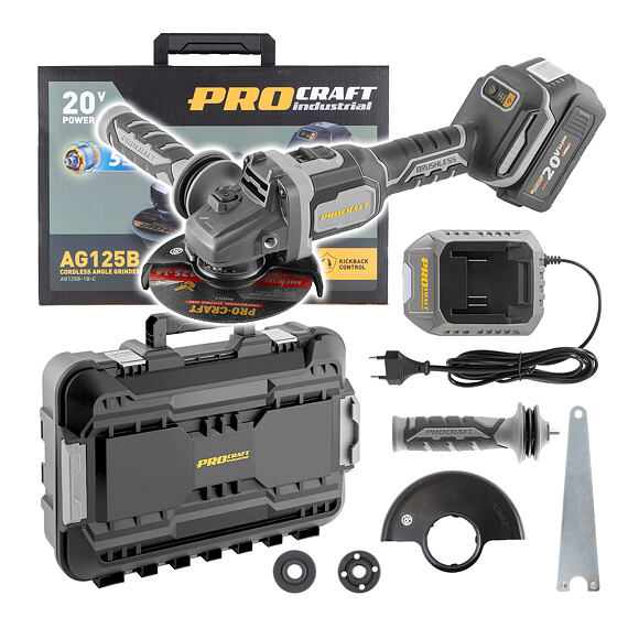 PROCRAFT INDUSTRIAL AG125B-1B-C aku bezuhlíková úhlová bruska 20V/4Ah, 3 rychlosti, kufr