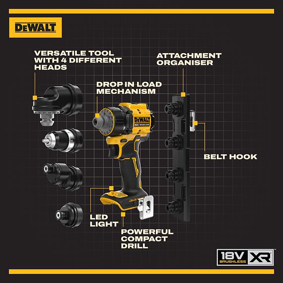 DeWalt DCD803NT aku bezuhlíková příklepová vrtačka a 4 výměnné hlavy 18V, 73Nm, kufr TSTAK, bez aku
